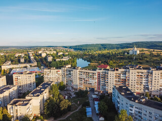 Fototapeta na wymiar Aerial vIew of city Novyy Rozdil by drone. Summer Ukraine Lviv region, West Ukraine.