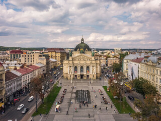 Fototapeta na wymiar Aerial view of architecture of Lviv by drone. Summer Ukraine Lviv region, West Ukraine. 