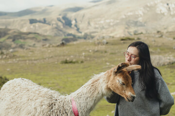 Woman caressing a llama in a green valley in the Andes mountain range in Peru. Concept of mountain animals (South America) Love of animals.
