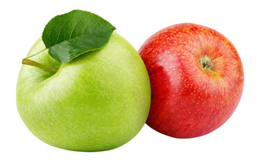 Pair of ripe red and green apple fruits with apple leaf isolated on transparent background