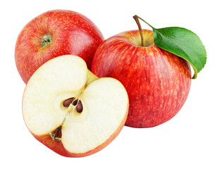 Ripe red apple fruit with apple half and apple leaf isolated on transparent background. Red apples...