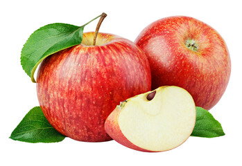 Ripe red apple fruit with slice and green leaves isolated on transparent background. Red apples and leaves