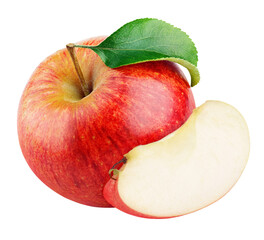 Ripe red apple fruit with apple slice without seed and green leaf isolated on transparent background