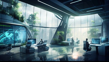 Modern futuristic open creative office room, collaborative space created with generative ai technology