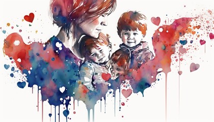 Watercolor illustration of mother and daughter or son surrounded by hearts. White background. AI generated. Mothers day Concept. 
