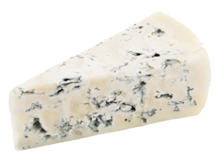 Slice of soft blue cheese with mold isolated on transparent background