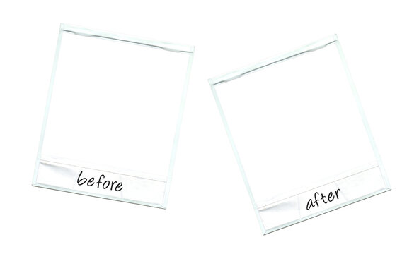 Two white old instant photo frames (retro vintage items), empty and isolated, with the handwritten words Before and After.
