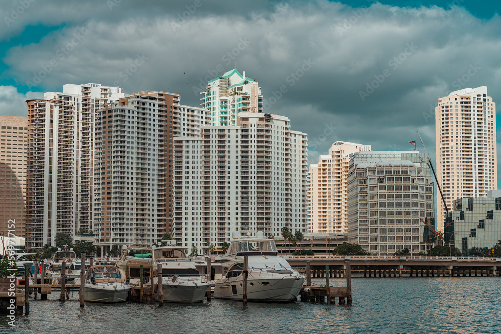 Wall mural country skyline at marina boats bridge brickell key miami