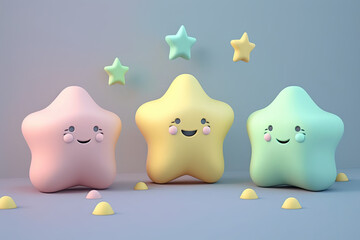 Funny smiling squishy 3d render stars with copy space, generative ai illustration with soft pastel colors - obrazy, fototapety, plakaty