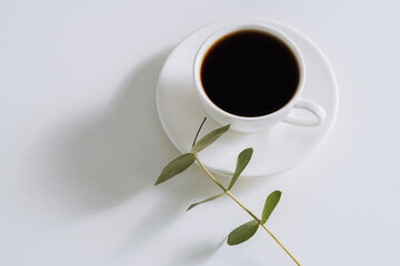 Black coffee in white cup with saucer and eucalyptus branch on white table