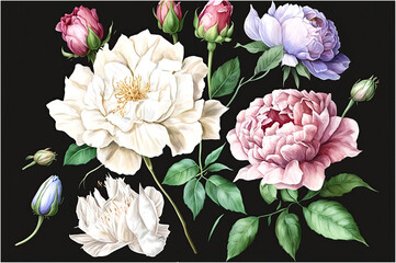 Set Flowers of Bells Lotus Dog Rose White Rose Carnations Peony and Anemone Watercolor Hand Drawing