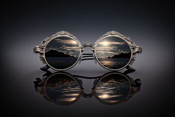 Mirror Sunglasses with Sky Sunset Reflection on Dark Mirror Background with reflection, AI Generative