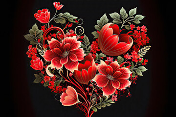 Beautiful heart of red flowers and green leaves on a black background, valentine, illustration, Generative AI