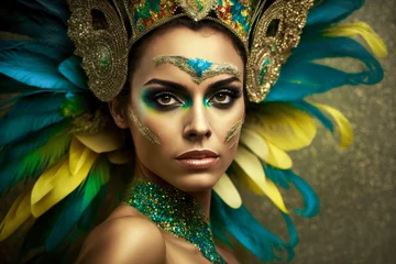 Papier Peint photo Carnaval Beautiful young woman with carnival mask and makeup, decorated with yellow and blue glitter and feathers, celebration of the carnival parade, portrait. Generative AI