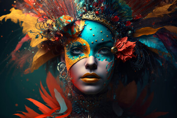 Beautiful young woman with carnival mask and makeup, decorated with orange and turquoise glitter and feathers, costume for the celebration of the carnival parade, portrait. Generative AI