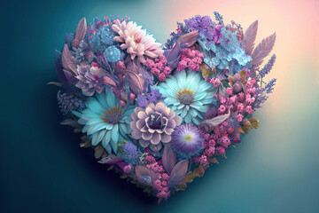 Beautiful heart of colorful flowers and leaves, pastel colors, love, valentine, Generative AI