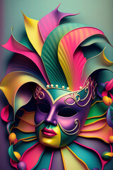 carnival mask with pink details and pastel tones, on a dark background, Traditional mask with feathers and confetti for carnival, festival, banner for fun carnival party. Generative Ai.
