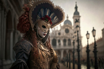 Obraz premium Woman with the typical costume and Venetian masks, in the city of Venice. Beautiful clothes and makeup outside. Generative AI