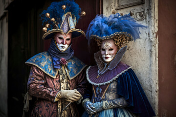Obraz na płótnie Canvas Couple with the typical costume and Venetian masks, blue tones, in the city of Venice. Beautiful clothes and makeup outside. Generative AI
