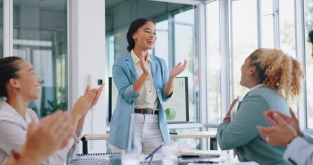 Woman leader, celebration and certificate reward for achievement with gratitude and thank you. Diversity women applause in business meeting for target, congratulations or winning promotion mockup