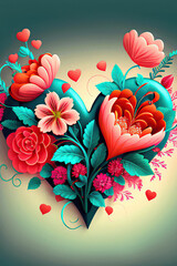 Beautiful turquoise heart with red and pink flowers, light background, love, valentine, illustration, vertical, Generative AI