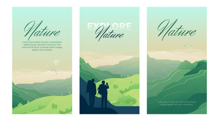 Summer mountain landscape at sunset. Discovering, exploring and observing nature. Social media, story, flyer, poster, postcard templates. Grain texture vector illustration