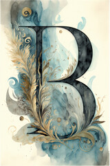 A decorative letter "B" with floral watercolor decorations in blue and gold. Generative AI illustration
