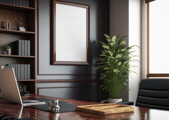 Fototapeta premium Premium frame Mockup with an interior in the style of a law firm, business office. Frame Mockup 4x6. 3D render. Created using generative AI tools