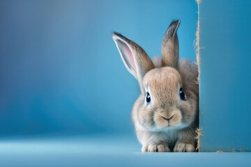 Cute rabbit peeks out from behind a corner on a blue background, with copy space. Generative AI