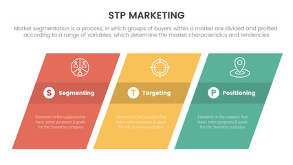 stp marketing strategy model for segmentation customer infographic with rectangle skew or skewed concept for slide presentation