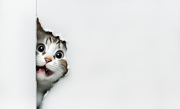 Frightened cat peeks out from behind a corner on a white background, with copy space. Generative AI