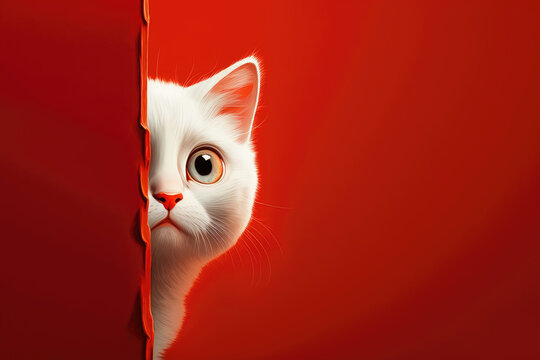 Frightened white cat peeks out from behind a corner on a red background, with copy space. Generative AI