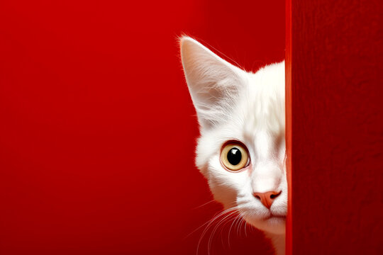 Frightened white cat peeks out from behind a corner on a red background, with copy space. Generative AI