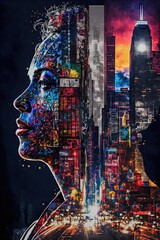 Double exposure woman's face over city skyscrapers. Abstract colorful night sky art. Street and building cityscape with profile portrait. AI generated.