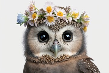 Springtime adorable baby owl wearing a flower crown. Cute children's illustration of cuddly bird in spring. Easter drawing.