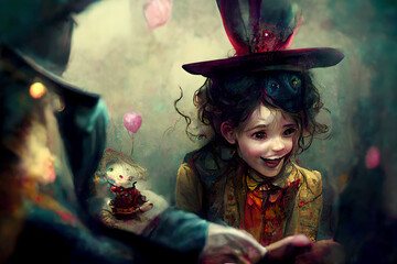 The hatter from Alice in wonderland as a child, gothic and weird, very disturbing long hair and a big top hat, crazy as a bat - obrazy, fototapety, plakaty
