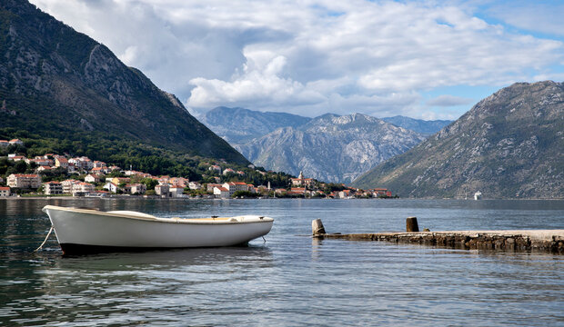 View of Old Down City in Dobrota Kotor Montenegro	