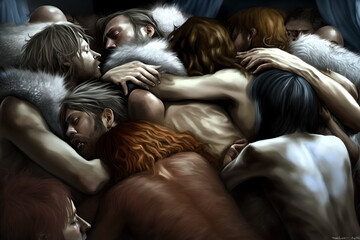 A beautiful AI painting of a loving orgy of many men and women, all hugging and embracing each other at the same time, shirtless or naked, connected both physically and emotionally, sensual and sexual