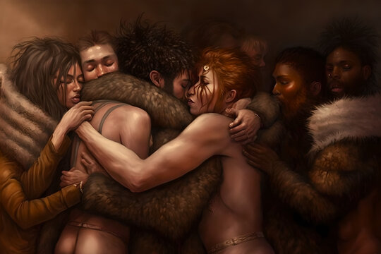 A beautiful AI painting of a loving orgy of many men and women, all hugging and embracing each other at the same time, shirtless or naked, connected both physically and emotionally, sensual and sexual