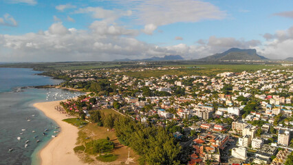 Fototapeta premium Amazing aerial view of Flic en Flac Beach at sunset, Mauritius Island