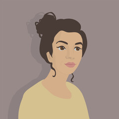 Woman in a yellow shirt with a hair bun. Vector illustration.