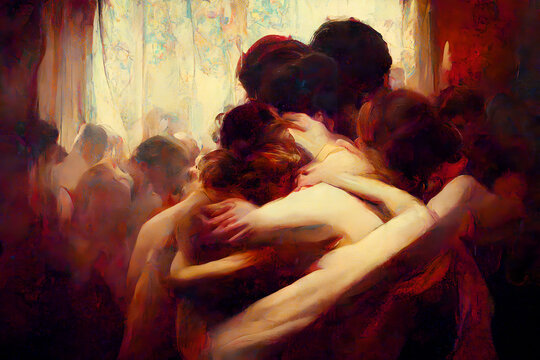 A beautiful AI painting of a loving orgy of many men and women, all hugging and embracing each other at the same time, shirtless or naked, connected both physically and emotionally, sensual and sexual