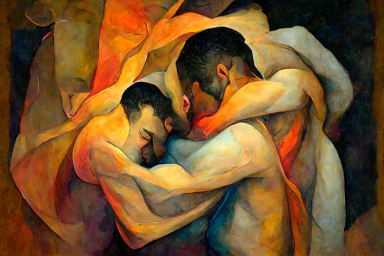 A beautiful AI painting of a loving orgy of many men and women, all hugging and embracing each other at the same time, shirtless or naked, connected both physically and emotionally, sensual and sexual