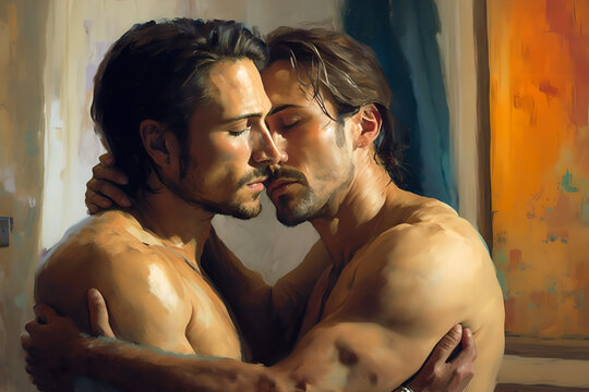 Two gay men, lovers, in an intimate embrace/hug showing great affection and love to each other, LGBTIQ+, naked or clothes. portrait, close up, generative AI (not based on real people). 