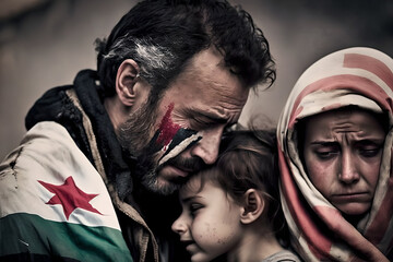 Syrian man crying over the rubble and the destruction of the earthquake that hit Syria and Turkey, with the Syrian flag, Generative AI