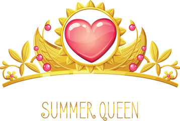 Little princess tiara with heart shaped jewel stone vector illustration isolated on white background. Golden crown for summer queen cartoon icon with sun and flowers elements © annzabella
