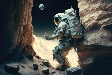 Astronaut collecting rock samples from extraterrestrial cliff, generative ai