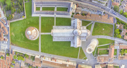 Overhead aerial view of Square of Miracles, Pisa. Piazza del Duomo from drone, Italy