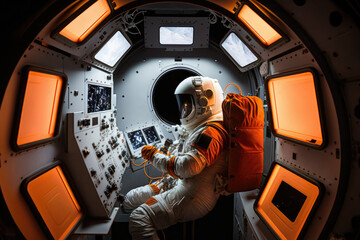 Astronaut training in a simulation chamber for a space mission, generative ai