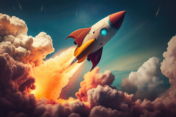 Blazing rocket soaring towards the sky symbolizing new business ventures, generative ai